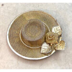 Gold Tone Hat Brooch Pin With Rose & Leaf Details Vintage Style Jewelry Accessor